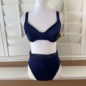 Vintage 80s High Waisted Polka Dot Bikini Navy Blue Two Piece Retro Pin Up Sz M